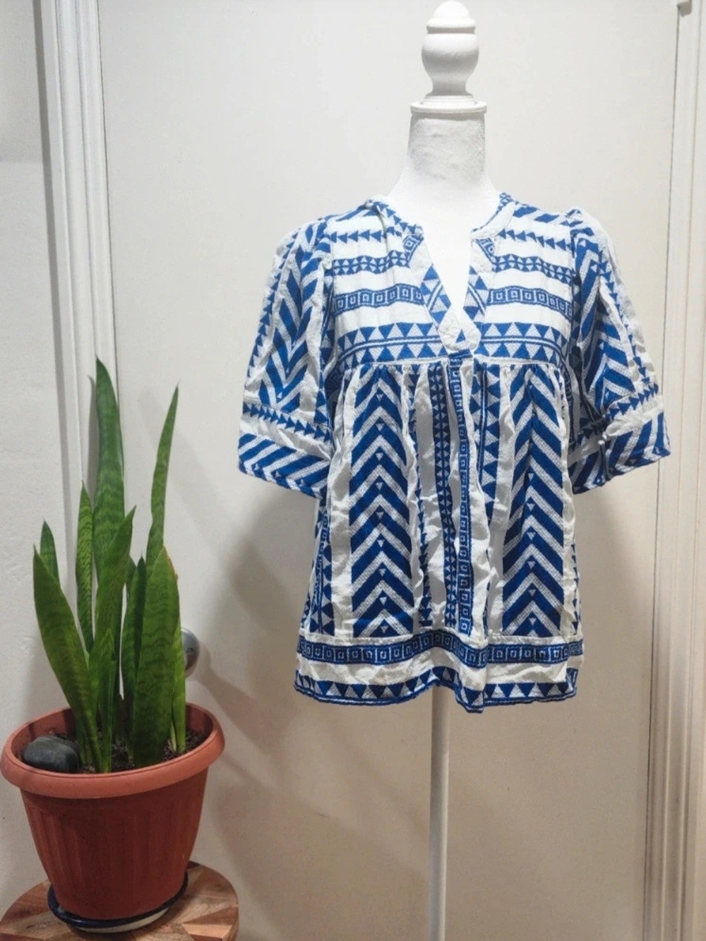 Blue and White Printed Women's Peasant Top